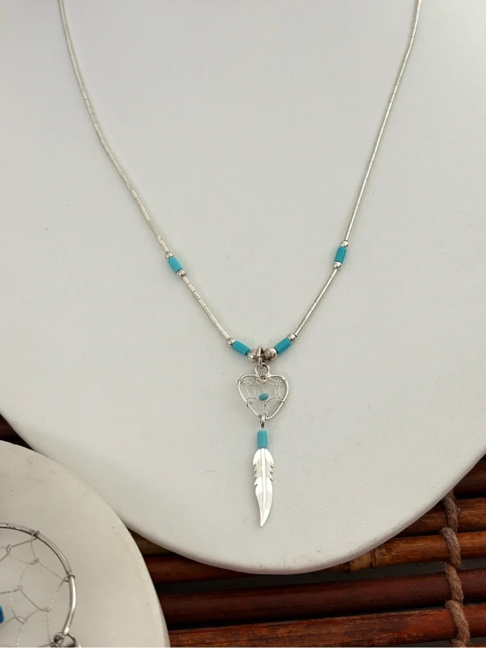 Silver Tone Dreamcatcher Necklace 16” & Earring Set with Faux Turquoise Accents